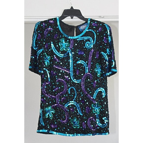 Vintage 1980s - Pinki Collection - 100% Silk Sequin Beaded Confetti Top, S or M - Picture 3 of 10